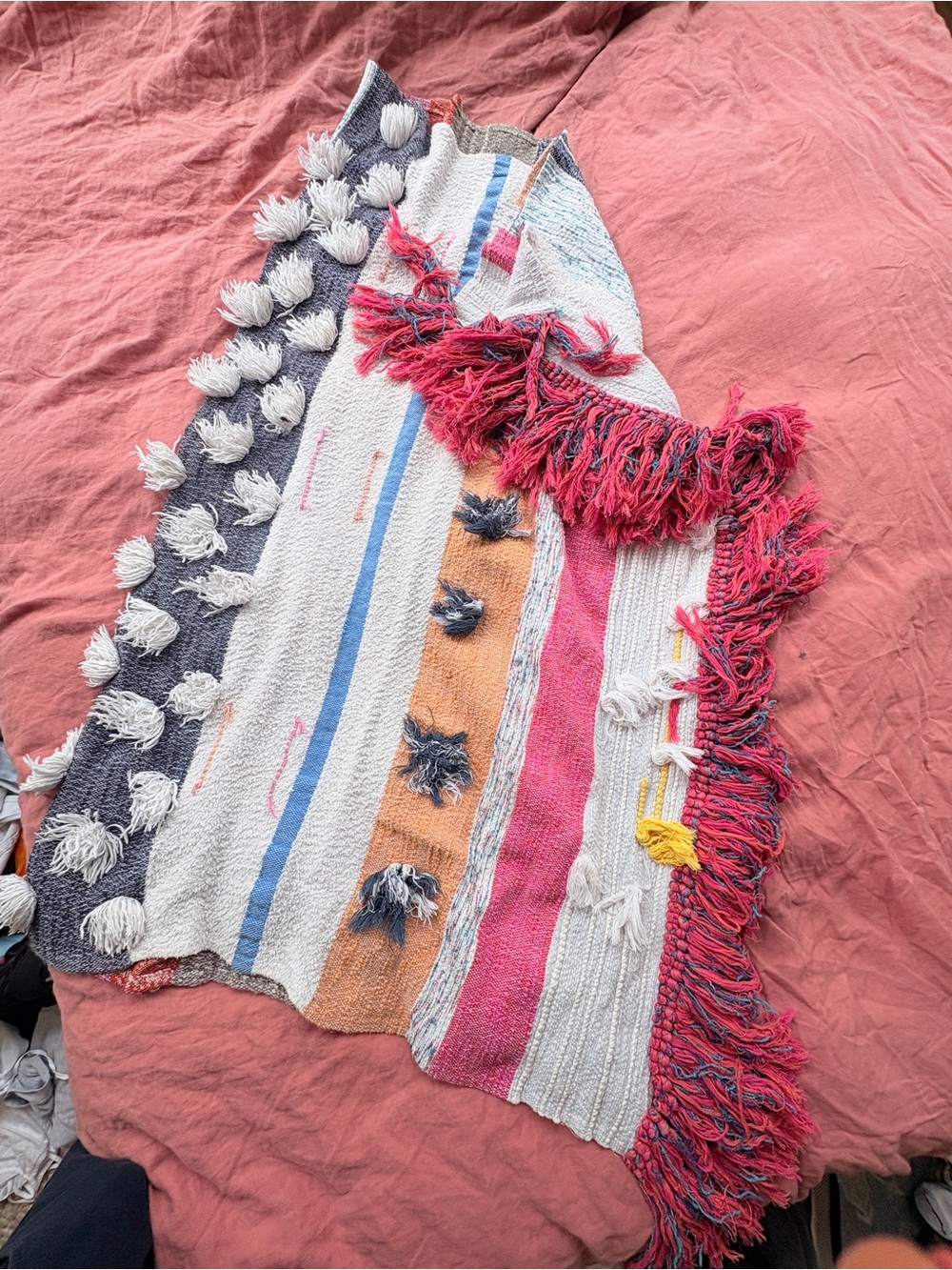 Anthropologie Colorblock Fringe Throw Blanket - Pink, Orange, Blue, Cream